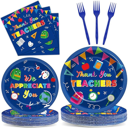 Qyeahkj 100 Pcs Thank You Teachers Decoration for We Appreciation You Paper Plate Napkin Set Graduation Be Thankful to Teacher Table Supplies Thank You Plates Teachers Day Tableware Decor Serves 25