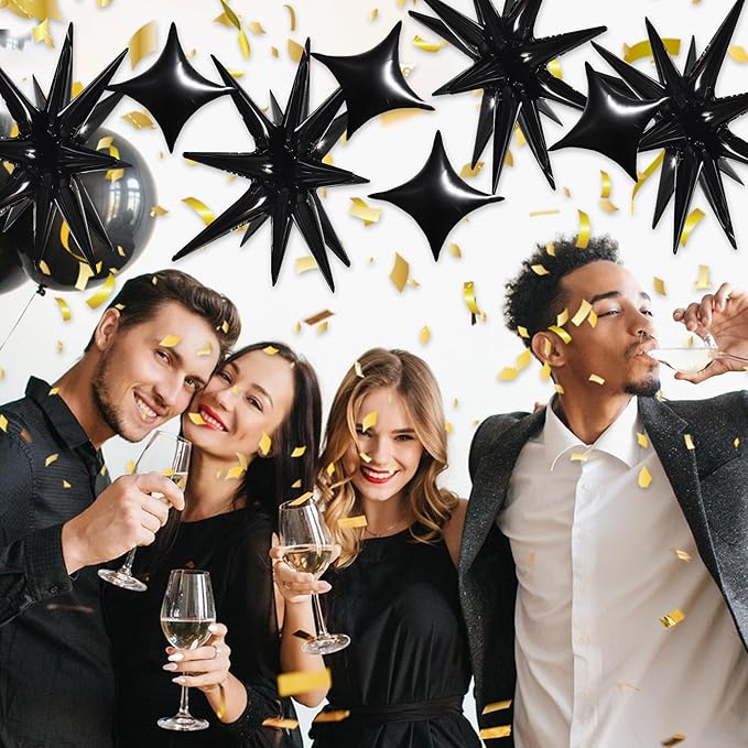 TONIFUL 18Pcs 22Inch Black Large Explosion Star Mylar Balloons and 10Inch Four Pointed Star Balloons Set for Christmas New Year Birthday Wedding Bridal Shower Anniversary Photo Booth Supplies