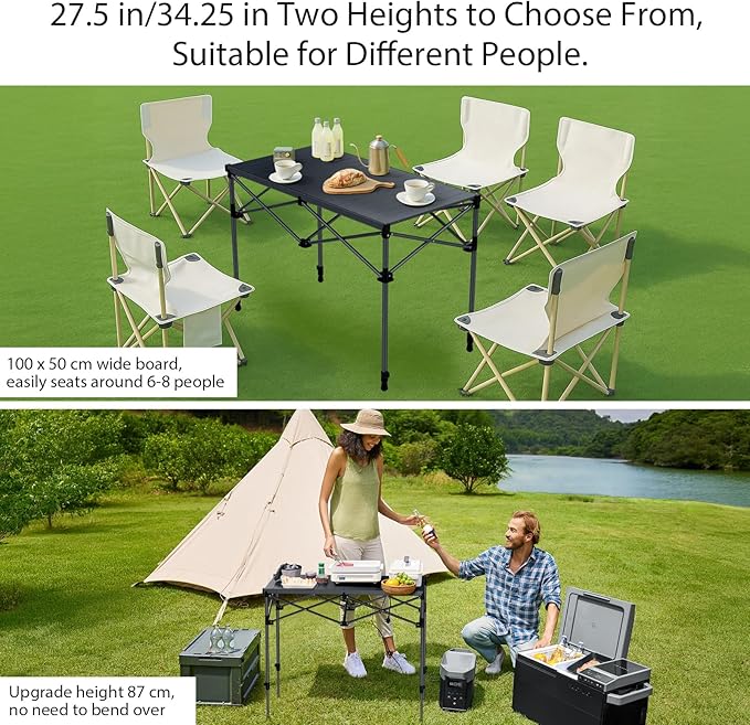 Anbte 34.2” Tall Camping Table Foldable, 2 Adjustable Height Large Roll Up Camping Table Support 264lbs with Storage Basket and Bag, Waterproof, for Travel BBQ Outdoor Patio, 39.4” x 19.7”, Black