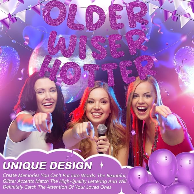 Fulmoon Set of 3 Pre Strung Older Wiser Hotter Glitter Banner Funny Birthday Banner for Women 30th 40th 50th 60th 70th 80th Birthday Party Decorations Sign Gift(Purple)