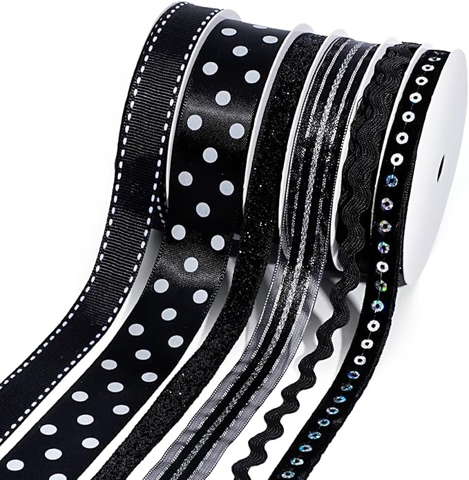 LaRibbons Black Ribbons for Crafts 6 Rolls Assorted Black Ribbons with Polka Dots, Glitter and Sequins for Gift Wrapping, DIY Crafts, Hair Bows, Sewing and Party Decorations, 30 Yards