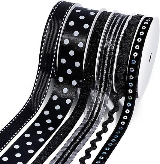 LaRibbons Black Ribbons for Crafts 6 Rolls Assorted Black Ribbons with Polka Dots, Glitter and Sequins for Gift Wrapping, DIY Crafts, Hair Bows, Sewing and Party Decorations, 30 Yards
