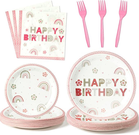 Pink Boho Rainbow Happy Birthday Bohemian Flower Heart Party Plates Supplies - Serves 24-96Pcs Party Tableware Decorations Disposable Paper Plates Napkins Forks for Birthday Baby Shower