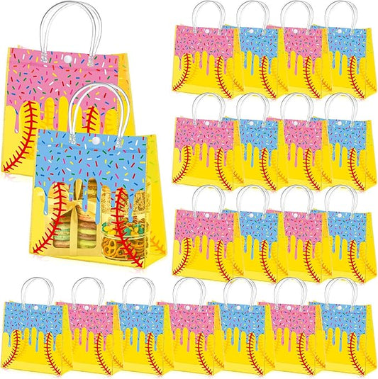 Abbylike 24 Pcs Drip Ice Cream Softball Clear PVC Gift Bag with Handles Candy Gift Treat Bags for Birthday Game Celebration Sports Theme Party Decorations