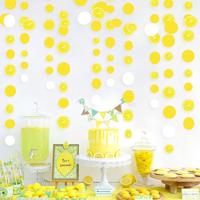 63 Ft Lemon Party Decorations Yellow White Circle Dots Garland Polka Dot Hanging Paper Streamer for Lemon Themed Wedding Bridal Shower Engagement Bachelorette Baby Shower Birthday Party Supplies