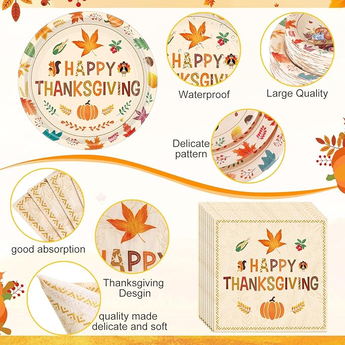 Potchen 452 Pcs Party Supplies Serve 50 Guests, Paper Plates Napkins Cups Cutlery Plastic Tablecloth Dinnerware for Birthday Wedding Party Decoration (Harvest Color, Happy Thanksgiving)