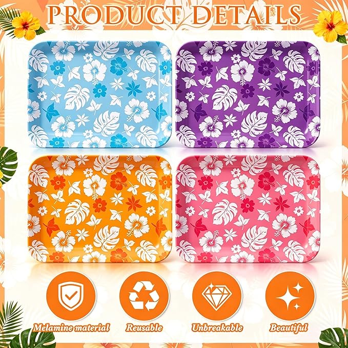 4 Pieces Tropical Serving Trays Hibiscus Floral Melamine Platters Reusable Rectangle Party Trays for Summer Hawaiian Luau Party Food Dessert Serving Supplies, 13 x 9.7 inch