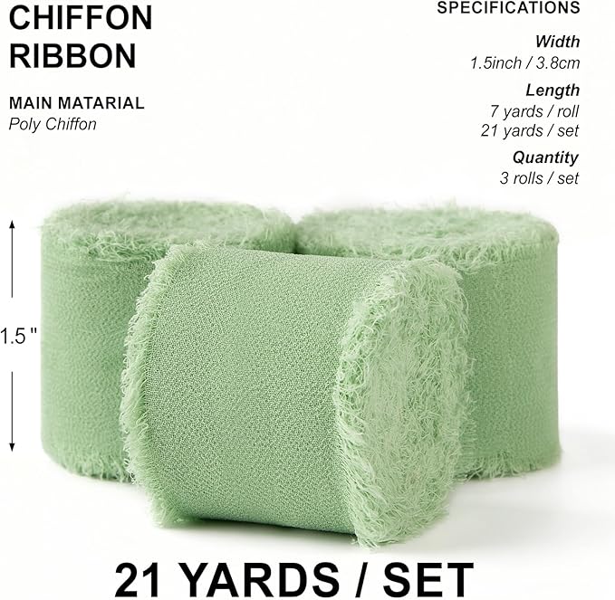 Sage Green Chiffon Ribbon 1.5" x 21 Yd Handmade Fringe Silk Chiffon Fabric Ribbon for Gift Wrapping Wedding Invitation Bridal Flower Bouquet DIY Crafts Home Decor