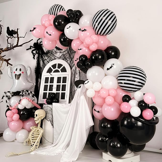 Pink Black White Halloween Balloon Garland Kit,118pcs Pastel Halloween Ghost Striped Foil Balloon Arch with 3D Bats for Girl Kawaii Spooky One Birthday Backdrop Baby Shower Birthday Party Decorations