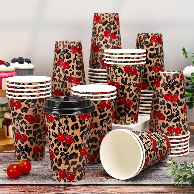 Whaline 50 Sets Leopard Print Coffee Paper Cups Bow Cherry Cheetah 16oz Disposable Cups with Lids for Hot Cold Drinks Birthday Bachelorette Safari Animal Party Supplies