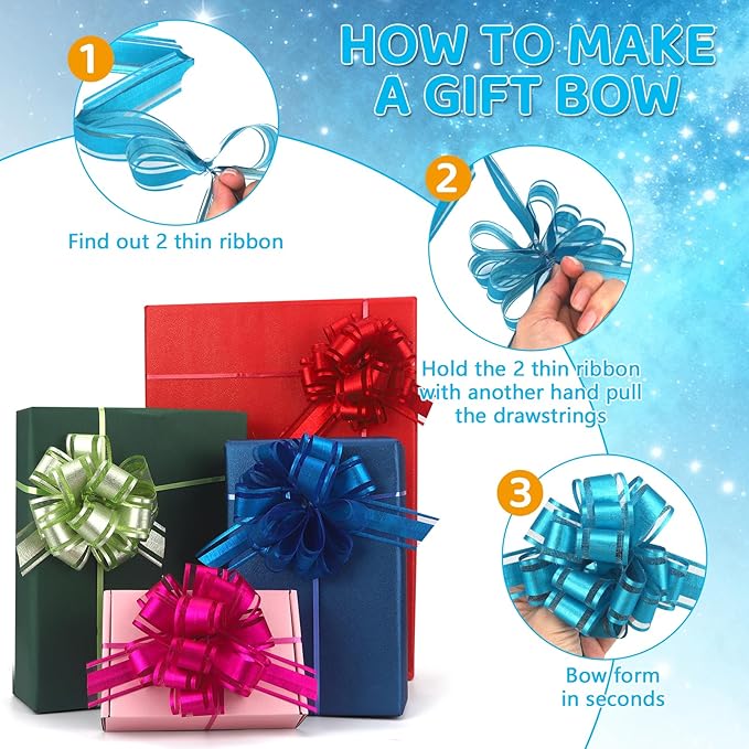 12 pcs Gift Bow Ribbon Shiny Pull Bows for Gift Baskets Warpping Christmas Party Bright Mix Colors Organza Warp Bows Boxes Flower Decorations Valentine's Day(12Pcs-Mix Colors-G)