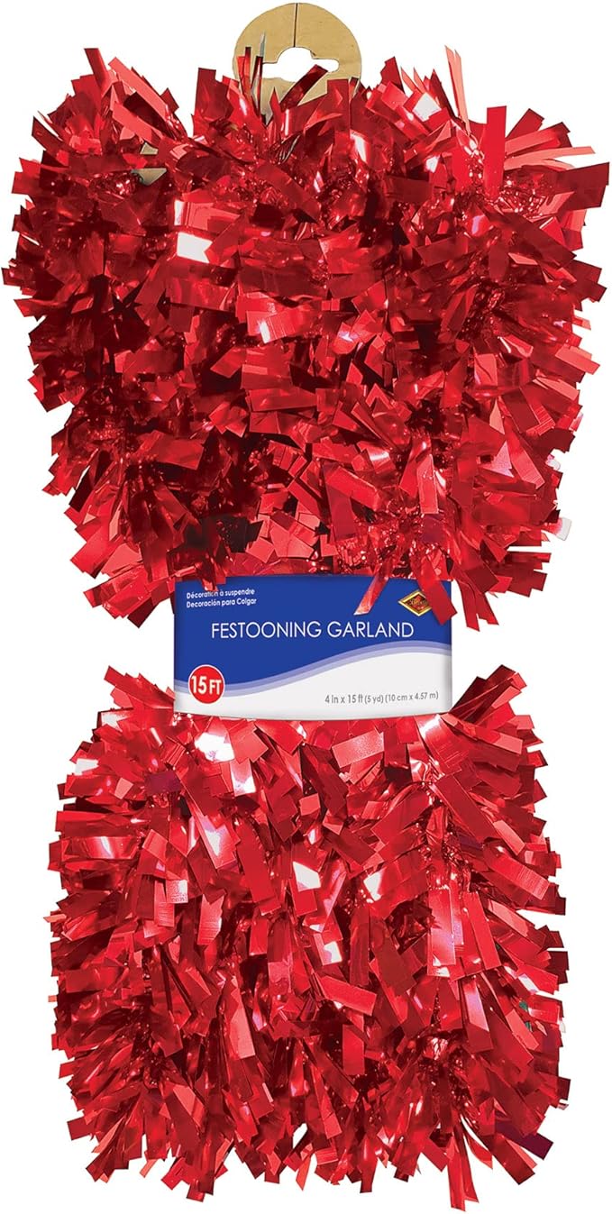Beistle Metallic Festooning Garland Hanging Decorations, Christmas Party Supplies, Valentine's Day, 4" x 15', Red