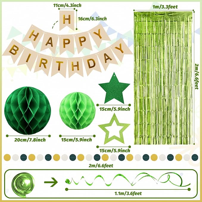 ZERODECO Birthday Decorations, Happy Birthday Banner with Paper Honeycomb, Star Hanging Swirl, Fringe Curtain, Garland, Party Decorations for Women Men Boys Girls (Retro Green)