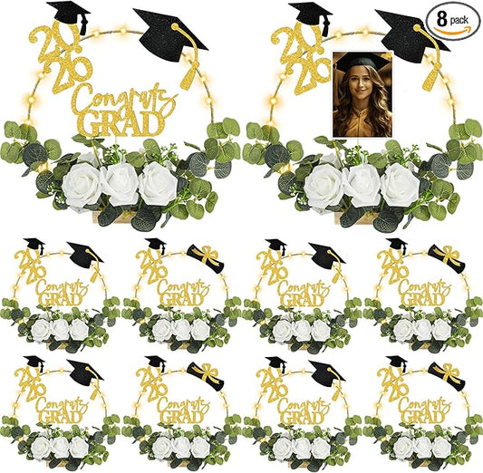 Yunsailing 8 Set 2026 Graduation Centerpiece Class of 2026 Table Photo Display Stand Decor with 8 Hoop Centerpiece 16 Toppers 48 Artificial Flowers and Leaves for Grad DIY Craft Party(Gold and White)