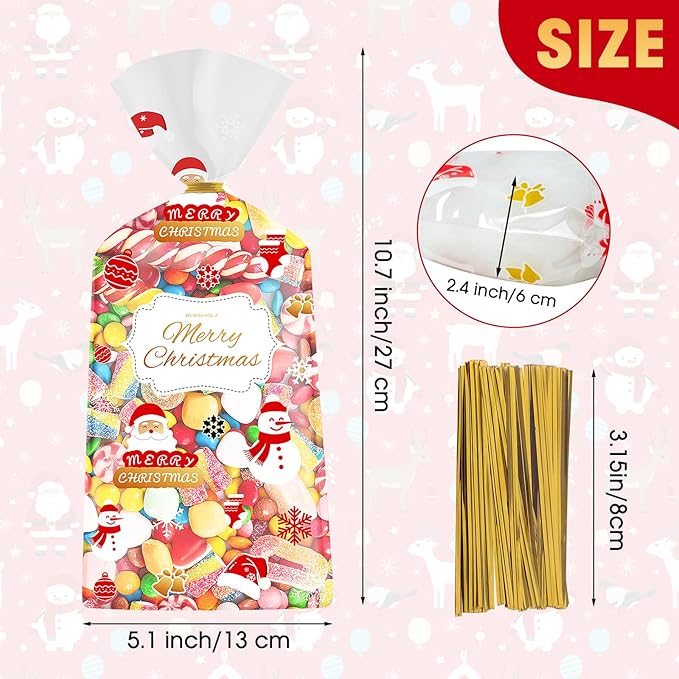 50 Pcs Christmas Treat Bags - Merry Christmas Gift Bags Bulk, Plastic Santa Claus Snowman Christma Cellophane Cello Candy Cookie Goodie Bag with Twist Ties for Winter Xmas Christmass Party Favors