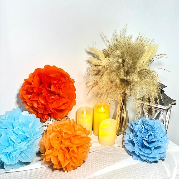 Capesaro Blue and Orange 12PCS Paper Pom Poms Party Decorations for Girl Birthday College Graduation Decoration, Hanging Decor Tissue Paper Flowers