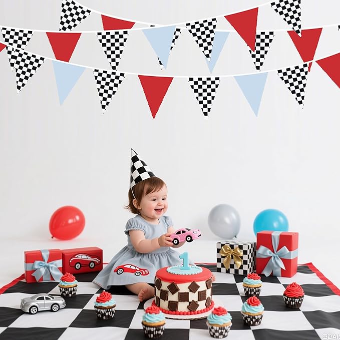 32Ft Racing Party Decorations Red Blue Black White Checkered Racing Car Fabric Banner Triangle Flag Pennant Garland Streamers for Kids Race Car Birthday Racetrack Baby Shower NASCAR Picnic Decor