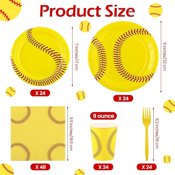 Kochorie 144 Pieces Softball Paper Plates and Napkins Sports Party Tableware Sets Including Disposable Paper Plates Napkins Cups Forks Serves 24 for Birthday Sports Softball Party Decorations