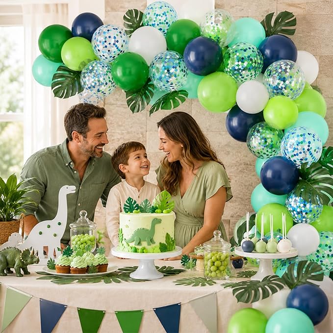 Blue and Green Balloons 60PCS Green and Blue Balloon Set, 12 Inch White Metallic Confetti Latex Balloon for Jungle Dinosaur Kids Boys Birthday Baby Shower Wedding Graduation Party Decor