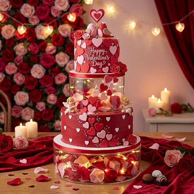 Sintuff 3 Pcs Acrylic Cake Stand with LED Lights 8'', 10'', 12'' Clear Fillable Cake Riser Round 3 Tier Case Box for Wedding Birthday Holiday Party Food Display, 3 Sizes