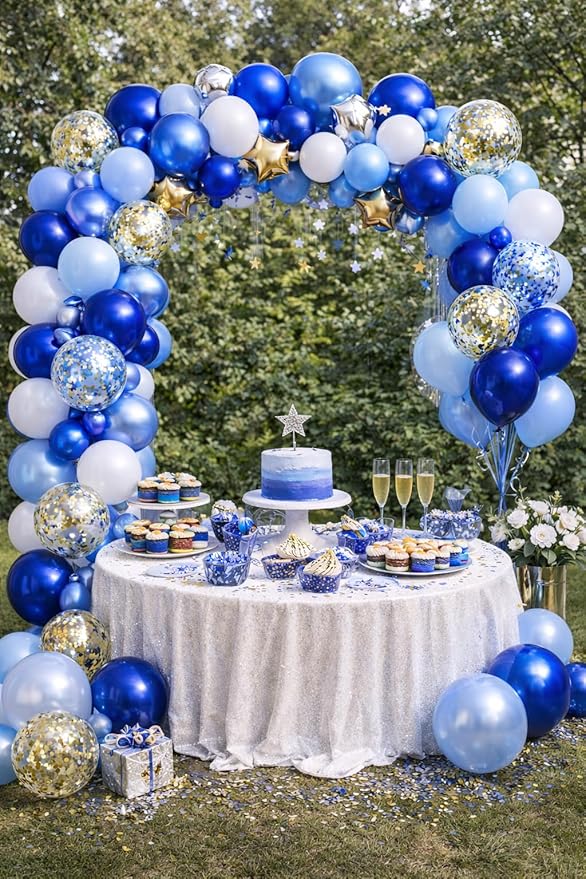 Metallic Blue Balloons 12 Inch – 60 Pack Blue & Gold Balloon Kit with Confetti, Light Blue, Dark Blue & Chrome Blue for Corporate Event Decor, Birthday, Baby Shower & Party Decorations