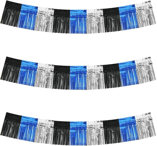 BEISHIDA 3 Packs Metallic Foil Fringe Garland Black Blue Silver Wall Hanging Tinsel Fringe Banners for Car Floats Bridal Shower Wedding Birthday Graduation Holiday Party Decoration(30 Feet)