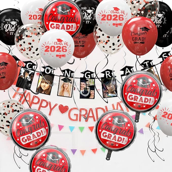 GuassLee Graduation Black and Red Balloons 2026 - Grad Latex Confetti Balloons with Congrats Grad Foil Balloons for Graduation Party Decorations Supplies, 60Pcs