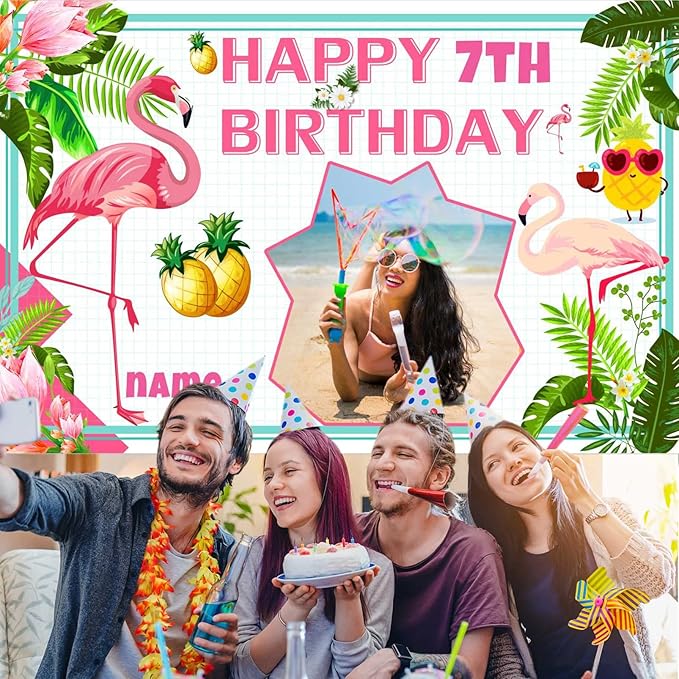 Custom Flamingo Hawaiian Tropical Happy Birthday Party Decorations Supplies Personalized Flamingo Hawaiian Tropical Birthday Luau Party Backdrop Banner(4x6ft)