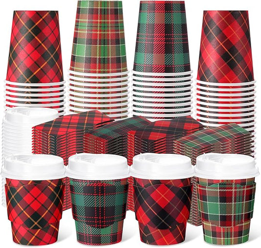 Mimorou 48 Pcs 8oz Fall Plaid Disposable Coffee Cups with Lids and Sleeves Autumn Thanksgiving Coffee Paper Cups for Cold Hot Drinks Fall Thanksgiving Party Supplies (Plaid Style)