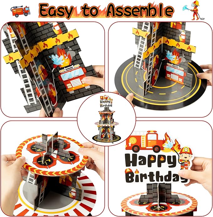 Haooryx Firefighter Cupcake Stand - 3 Tier Fire Truck Cupcake Tower Cardboard Happy Birthday Dessert Holder Pastry Platter Kids Adult Firefighter Theme Birthday Party Table Decoration Supplies