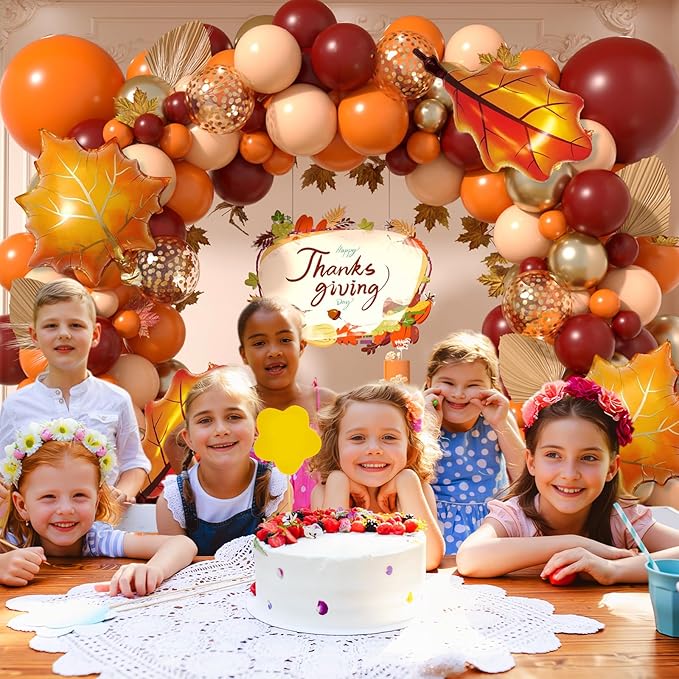 Orange Balloon Arch Kit, Thanksgiving Fall Balloons Garland with Leaf Foil Ballon Burgundy Burnt Orange Baloon for Autumn Birthday Hello Fall Shower Party Decorations