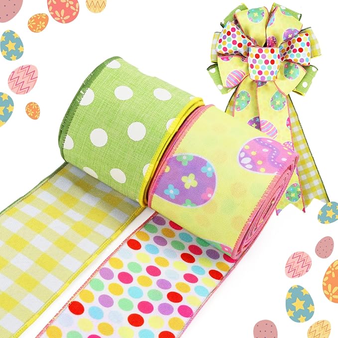 LaRibbons Double Faced Easter Ribbon Wired 2 Rolls 2.5 Inch x 12 Yards TTL, Pink Green Yellow Polka Dot Plaid Burlap Ribbon for Baskets Crafts Gift Wrapping Wreath Bow Decoration