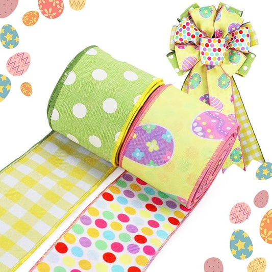 LaRibbons Double Faced Easter Ribbon Wired 2 Rolls 2.5 Inch x 12 Yards TTL, Pink Green Yellow Polka Dot Plaid Burlap Ribbon for Baskets Crafts Gift Wrapping Wreath Bow Decoration