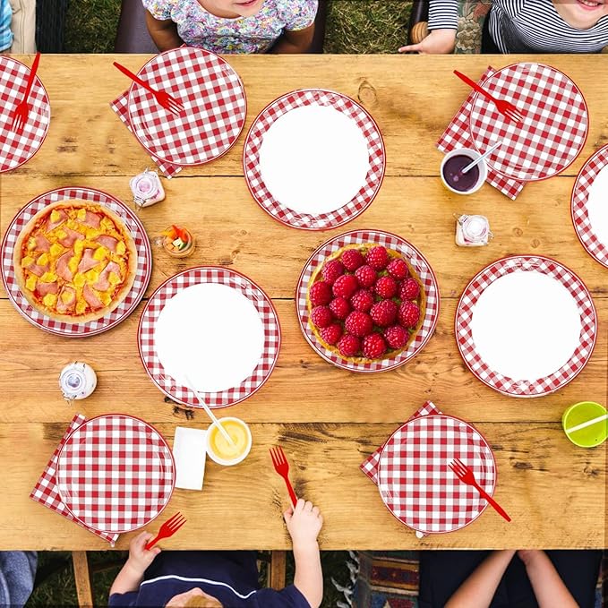 200Pcs Red Gingham Party Supplies Red and White Checkered Buffalo Plaid Plates and Napkins Disposable Gingham Tableware Set for Summer Pizza BBQ Picnic Baby Shower Birthday Party Decorations Serves 50