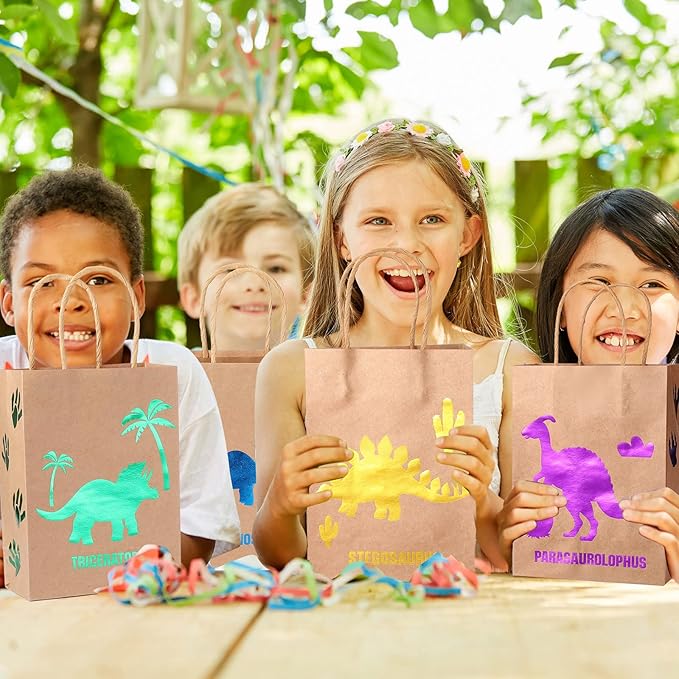 Pajean 24 Pcs Dinosaur Candy Bags with Handle, Dinosaur Party Favor Paper Bags Kids Gifts Goodie Treat Wrapping for Boys Girls Dino Theme Birthday Baby Shower Party Supplies(Lovely Style)