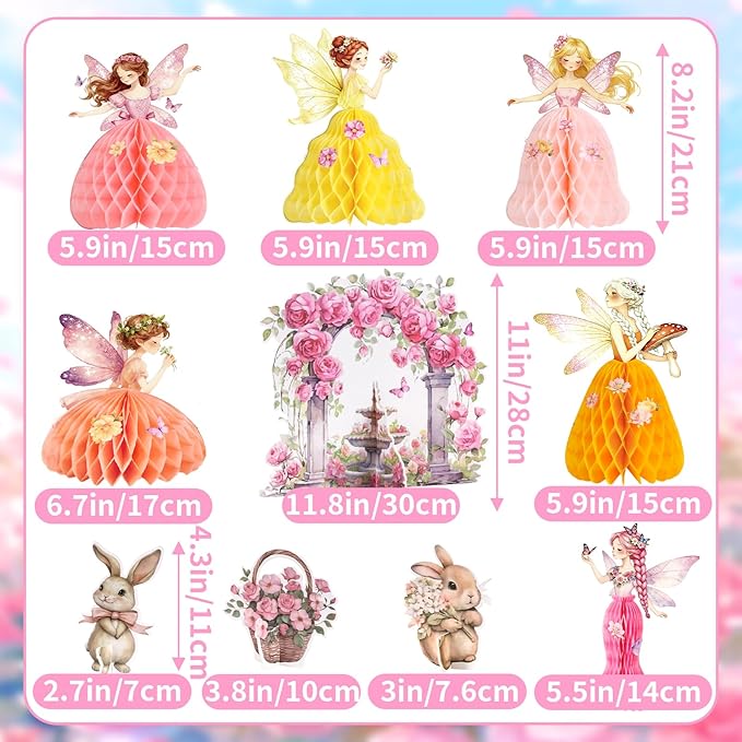 SUNBEAUTY Fairy Birthday Party Decorations Fairy First Centerpieces for Tables 3D Fairies Honeycomb Centerpieces with Rabbits Enchanted Party Table Topper for Spring Garden Woodland Forest Birthday