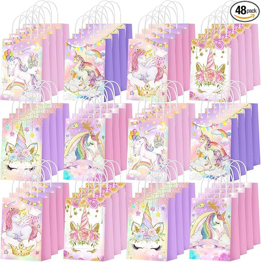 Kolldenn 48 Pcs Unicorn Party Favor Bags for Birthday Party Supplies Cute Unicorn Gift Goodie Paper Bags with Handles Rainbow Goody Treat Candy Pouch‌ for Girls Birthday Baby Shower Decorations