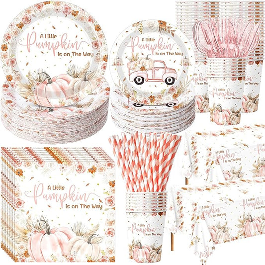 Potchen 452 Pcs Party Supplies Serve 50 Guests, Paper Plates Napkins Cups Cutlery Plastic Tablecloth Dinnerware for Birthday Wedding Party Decoration(Rose Pink and Brown, Little Pumpkin Baby Shower)