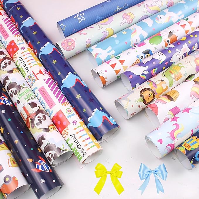 SIWRIOM Gift Wrapping Paper 10 Pack - Large 28 x 20 Inch Gift Wrap Sheets Happy Birthday Cartoon Pattern Designs for All Festive Present Decorations