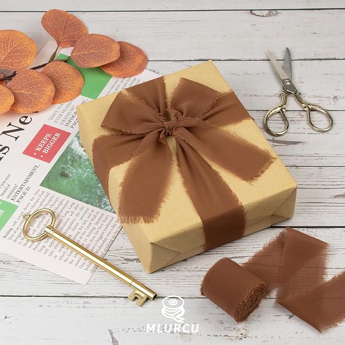 Brown Chiffon Ribbon - 1-1/2 Inch x 21 Yards, Handmade Fringe, Silk, Boho Frayed, Dark Brown, Gift Wrapping, Wedding Invitation, Bridal Flower Bouquets