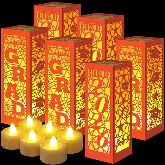 Rossesay 6 Pcs Graduation Table Centerpieces Boxes Class of 2026 Graduation Lanterns for Centerpieces with LED Candles Congrats Grad School College Photo Props for Party Table Decoration (Orange)