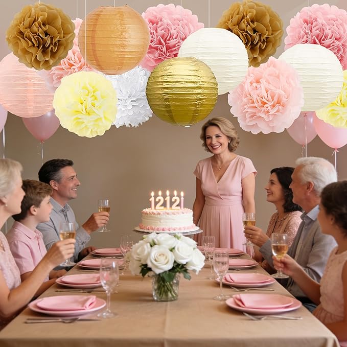 BEISHIDA Champagne White Tissue Hanging Paper Flowers Lanterns Party Decorations Set for Birthday Graduation Baby Shower Bridal Bachelorette Wedding Photo Booth Backdrops Party Supplies(18 Packs)
