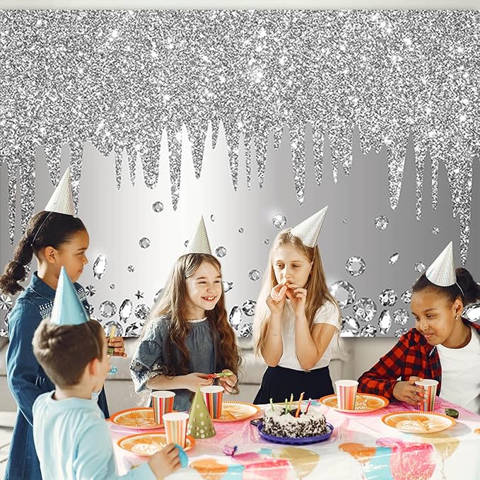 ABLIN 10x7ft Silver Backdrop Print Dripping Glitter Crystal Diamond Silver Happy Birthday Party Bridal Shower Wedding Decorations Photography Background Photo Shoot Props