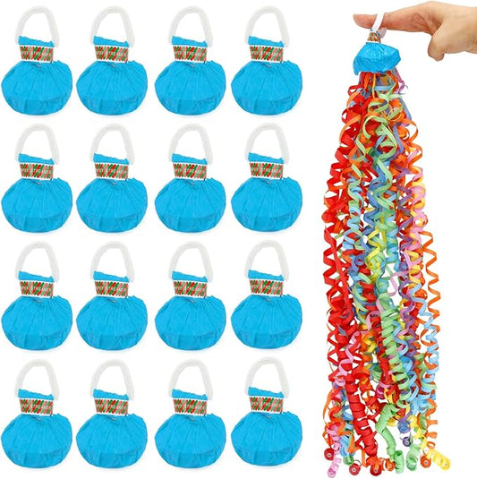 16Pack No Mess Streamers, Blue Hand Thrown Streamer Poppers, No Mess Confetti Poppers, Party Poppers with Ribbons, Confetti Streamers for Birthday, Wedding, Celebrations, Graduation, Party Favors