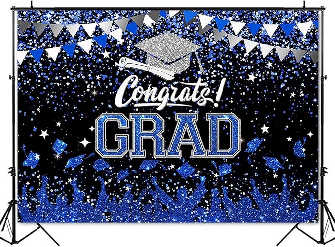 Mocsicka Graduation Party Decorations 2026 Congrats Grad Backdrops for Photography Bachelor Cap Congratulations Grad Photo Backdrop Graduation Prom Party Supplie (Blue and Silver, 10x8ft(120x96 inch))