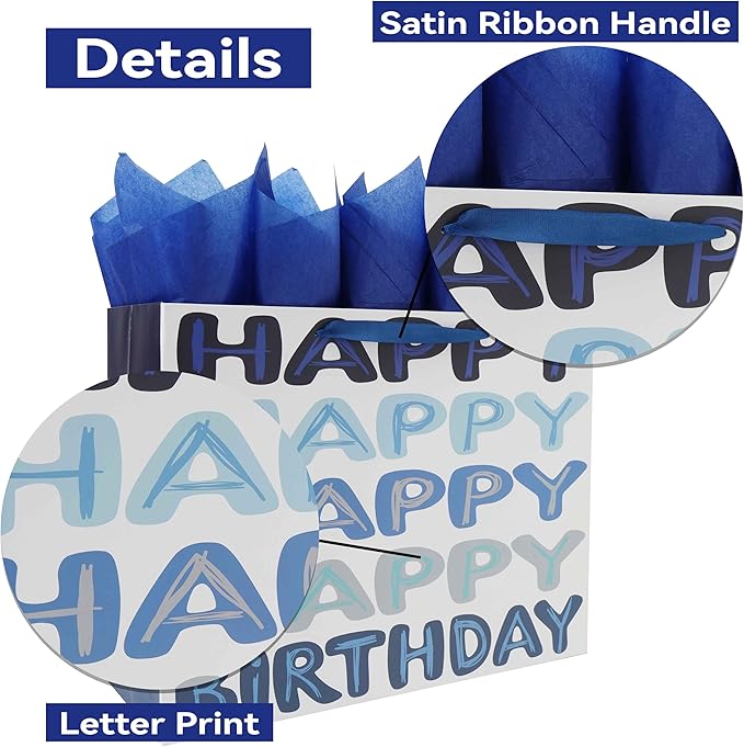Qirrmiy 16.5” Extra Large Blue Happy Birthday Gift Bag Set with Handles, Greeting Card, Tissue Papers and Stickers for Men Boys Women Girls Kids Teens, Words Design, 1 Pcs