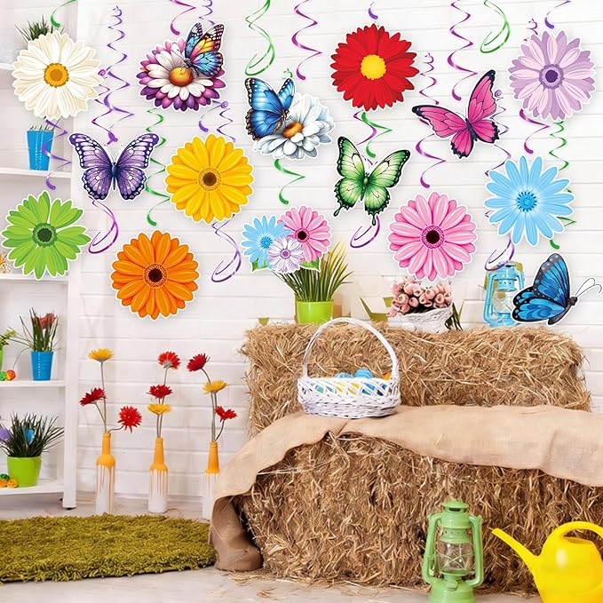 Flower Hanging Swirl Decorations - 36 Pcs Spring Floral Butterflies Ceiling Hanging Streamers for Spring Summer Garden Office Classroom Decorations Supplies