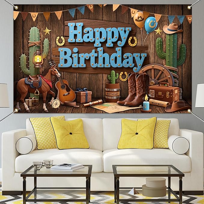 Mocsicka Western Cowboy Birthday Backdrop Wild West Happy Brithday Party Decorations Banner for Boys Western Themed Party Photography Bakground Supplies (Brown, 70.8x43.3 inch)