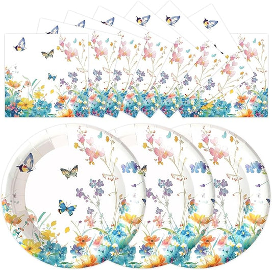 50pcs Wildflower Paper Plates and Napkins Party Decorations, 7inch Watercolor Floral Paper Plate Tableware for Spring Summer Birthday Baby/Bridal Shower Picnic Wedding Girl Tea Party Supplies