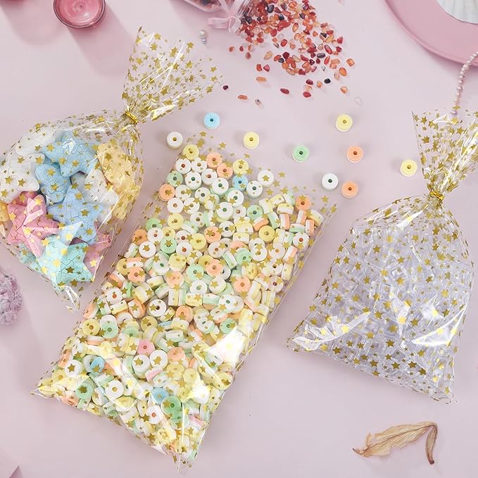 100 Pcs 7 x 12 Inch Clear Cellophane Treat Bags with 100 Gold Twist Ties, Gold Star Printed Heat Sealable Candy Bags for Cookies, Chocolate, Bakery, Party Favors, Gift Wrapping